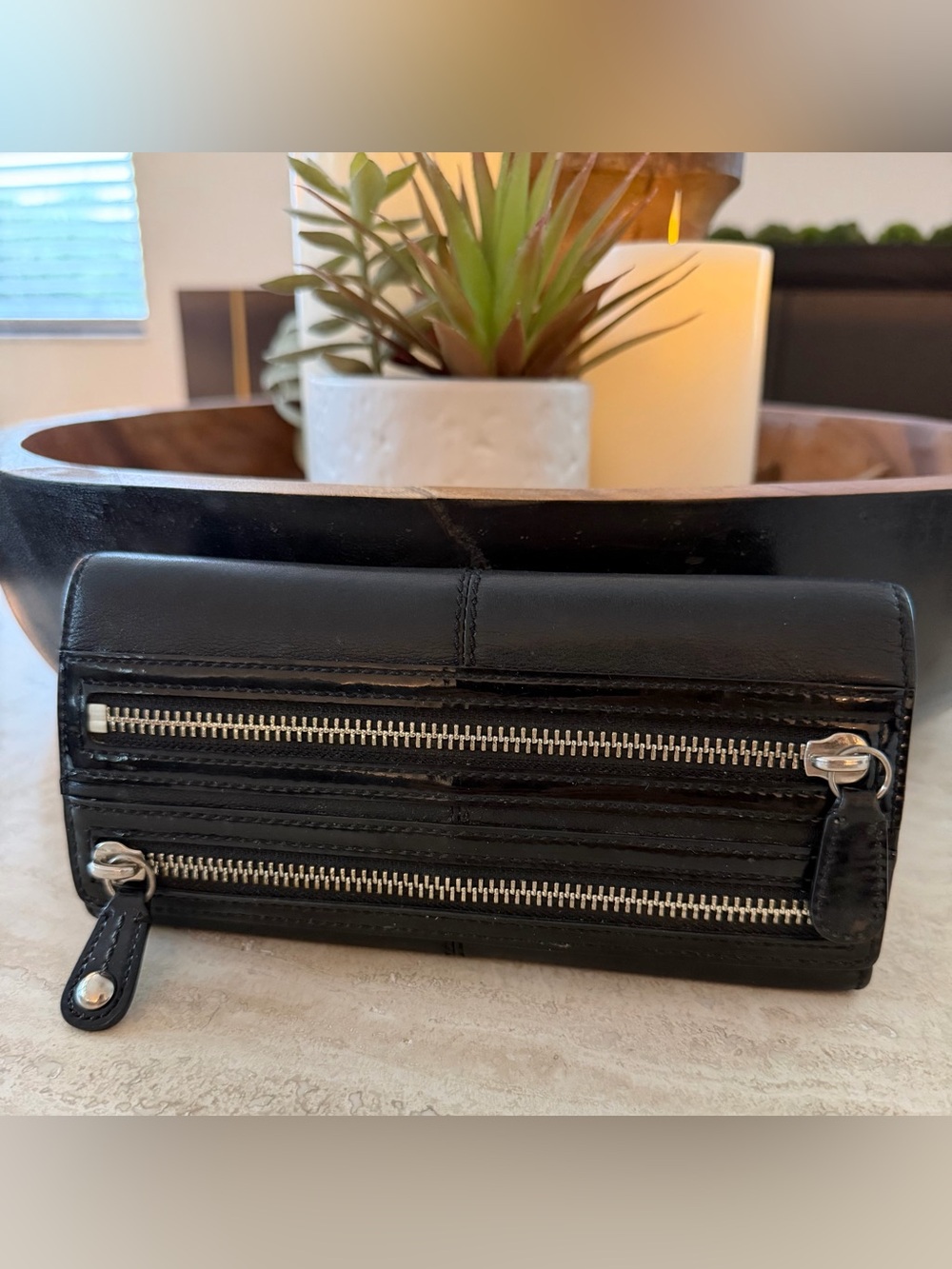 Coach Black Leather Zip Wallet with Silver Hardware